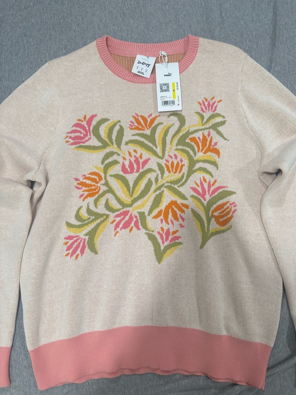 Puma Cream Floral Intarsia Crewneck Sweater with Pink Trim - Picture 3 of 9